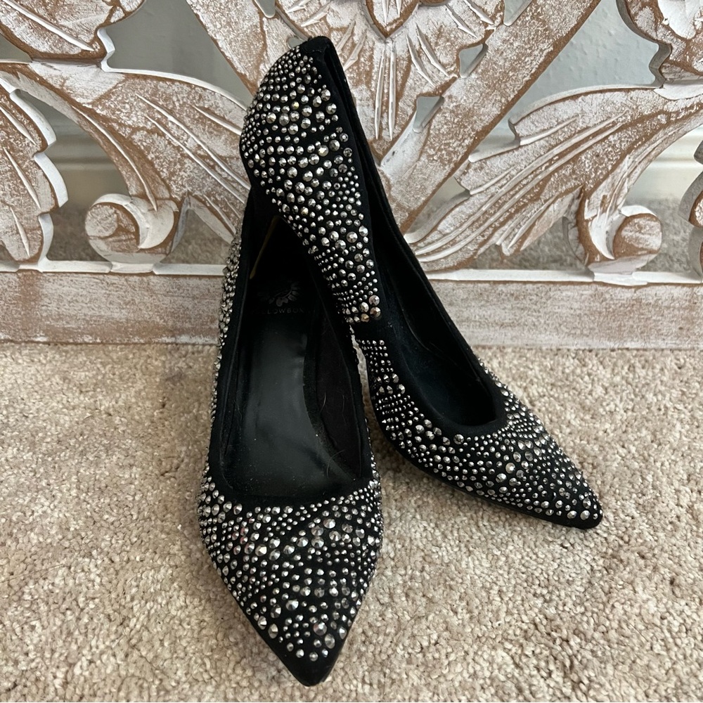 EUC Yellowbox Black 2” Pointy Heels w Rhinestones Sz 7.5